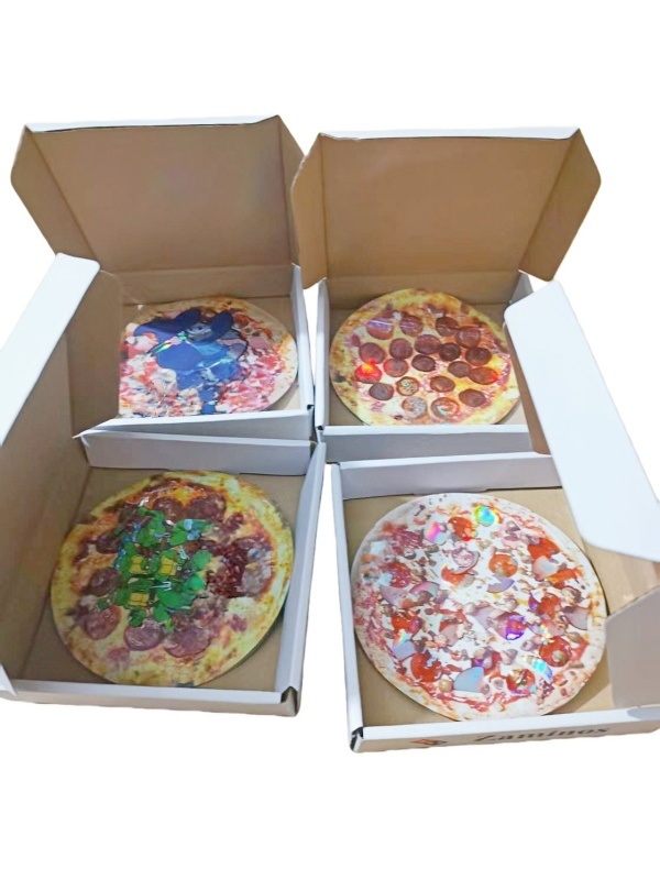 holographic pizza bag matching box 3.5 mylar bag stand up foil pouch die cut shape 1/8oz cali pack smell proof packaging baggies custom print