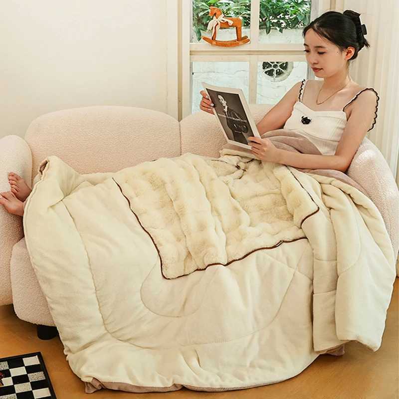 2 in 1 Blanket Thick Faux Rabbit Velvet Cushion Fluffy Sofa Throw Foldable Winter Warm Shaggy Quilt Travel Blanket Y251204