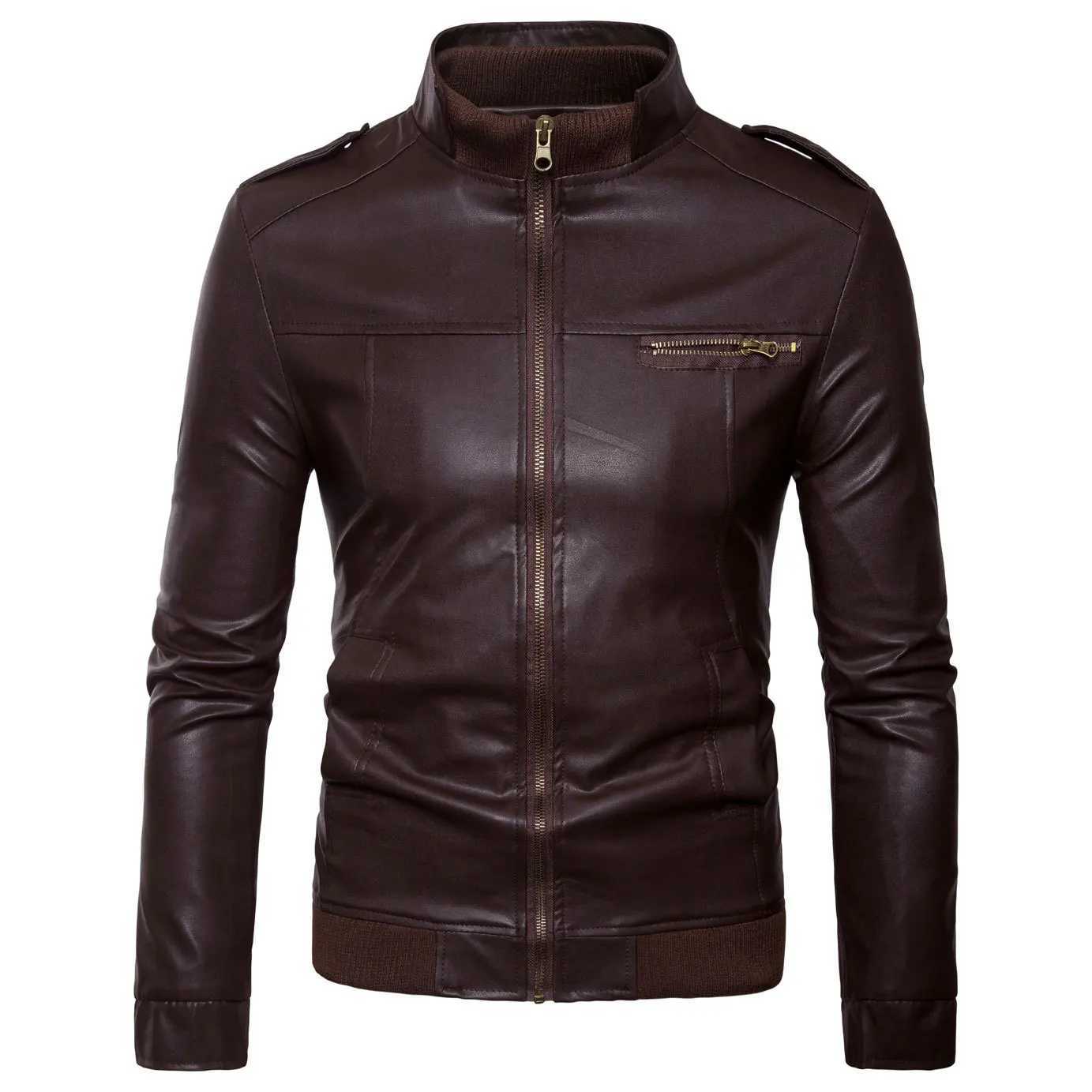 Fashion Mens Solid Color Leather Jacket High-quality PU Leather Stand-collar Slim CoatsT251204
