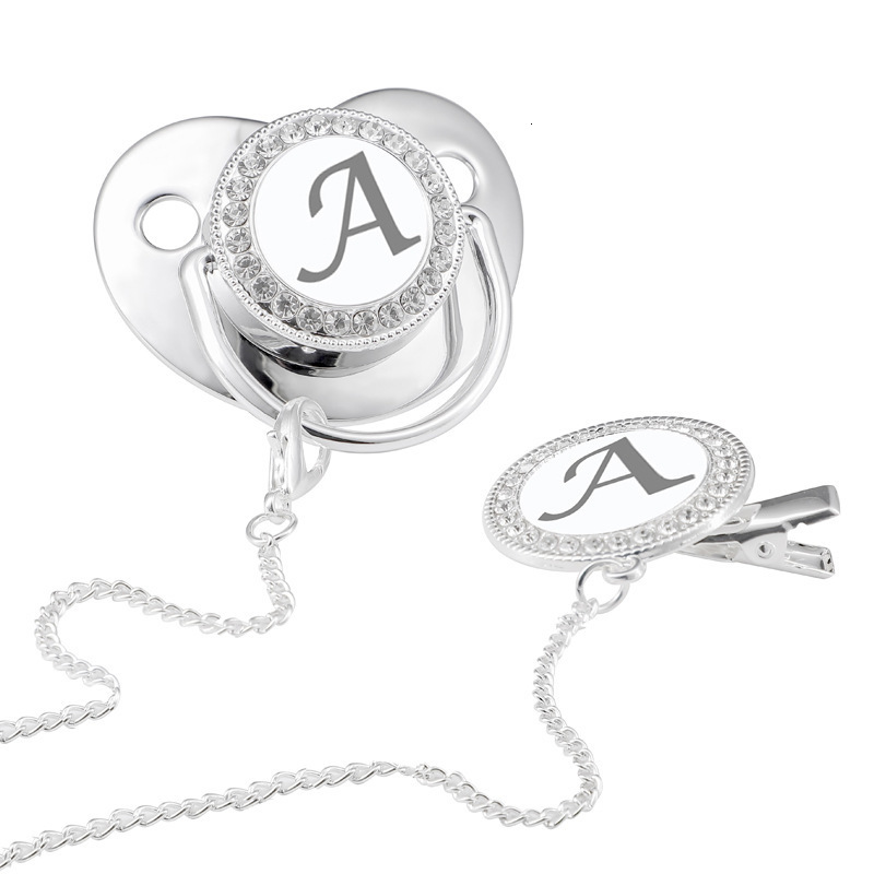26 Letters silver Point Drill Pacifier Baby silver Letter Soothing Toy with Dust Cover