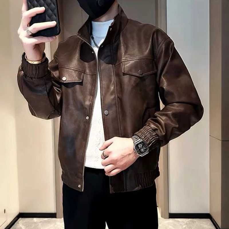 Maillard Fashion Brown Leather Jacket Men Korean Style Spring Autumn Stamped Letters High-end Trendy Cycling Suit Leather coatT251204