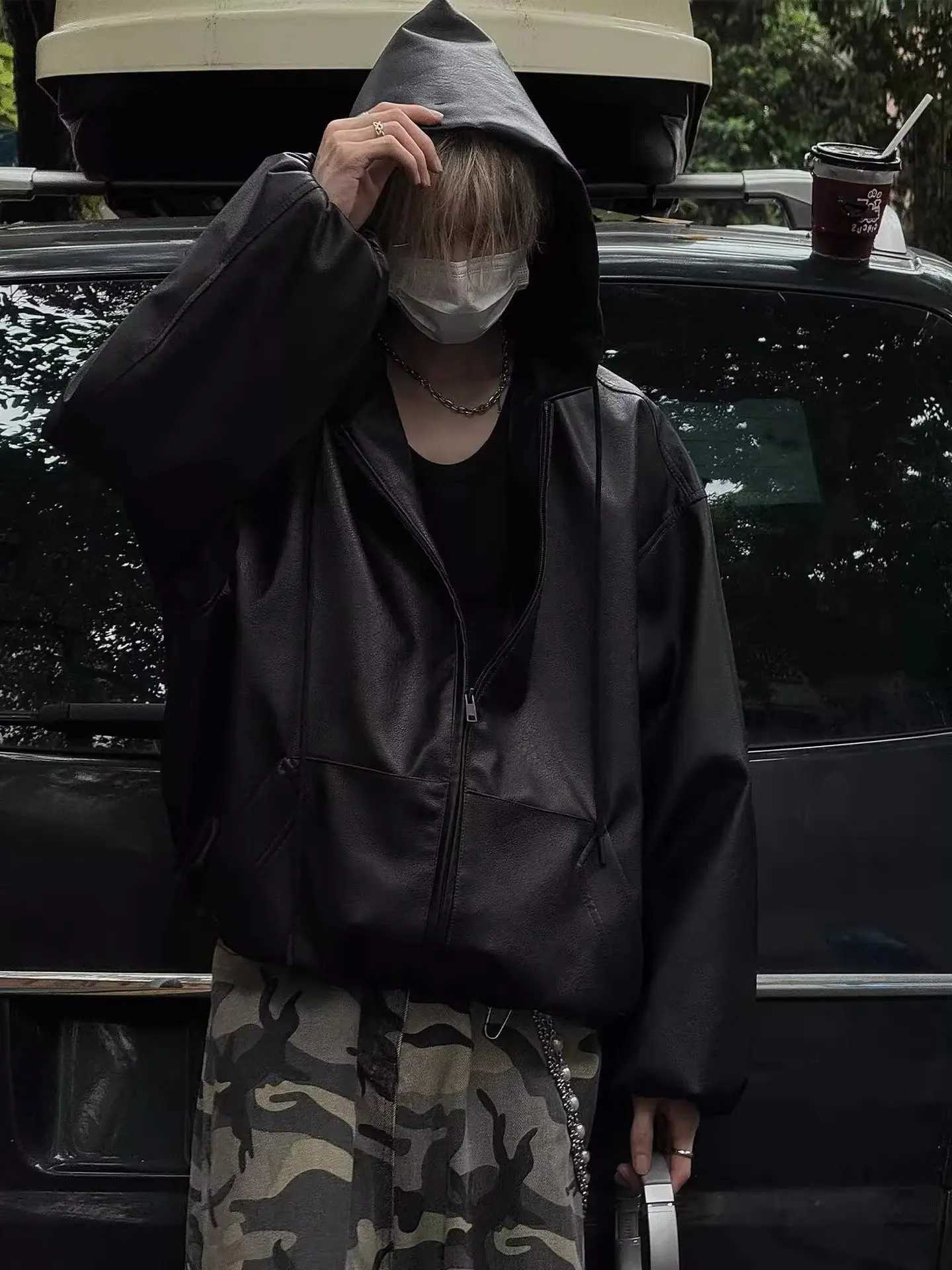 Luxury Mens Short Wide Hooded Leather Jacket Spring Autumn Loose Fit Casual Outerwear CoatT251204