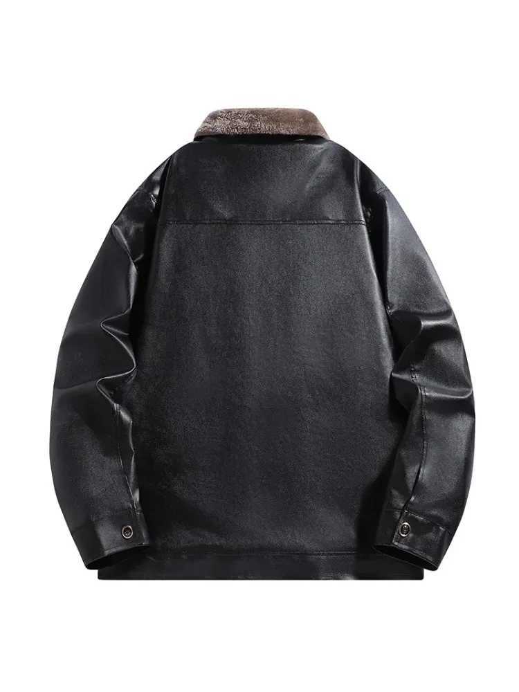Autumn Winter Men Leather Jacket Business Casual Male Outerwear Vintage Thicken Fleece Turn Down Collar Male Coat Long SleeveT251204