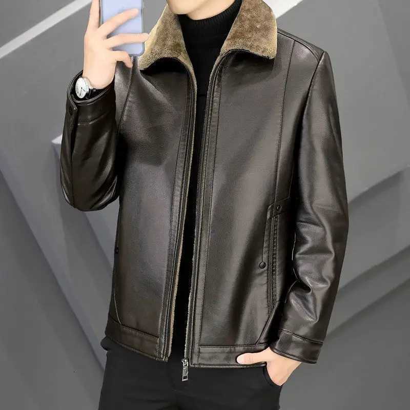 Lapel Warm Middle-aged and Elderly Autumn Winter Short Mens Leather Jacket Winter CoatT251204