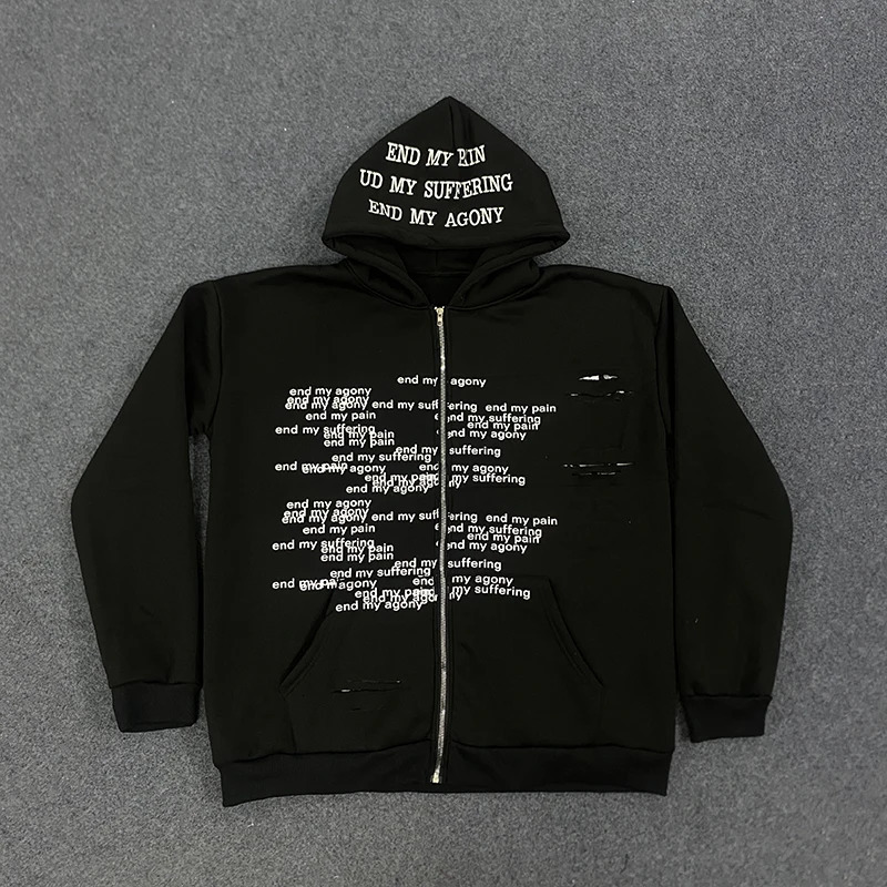 Personalized Letter Printed Ripped Zipper Sweatshirt Long Sleeved Pullover Hoodie Y2K Style Autumn Winter Fashion 251204 - view 6