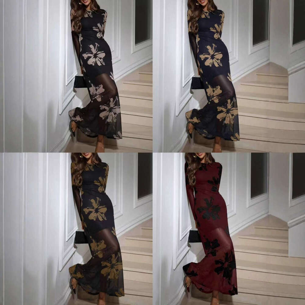 Dress for Women Designer Luxury Spring 2026 Slim Fit Spring Fashion Sand Color Pattern Elegant Floral Print Long Women's Dress