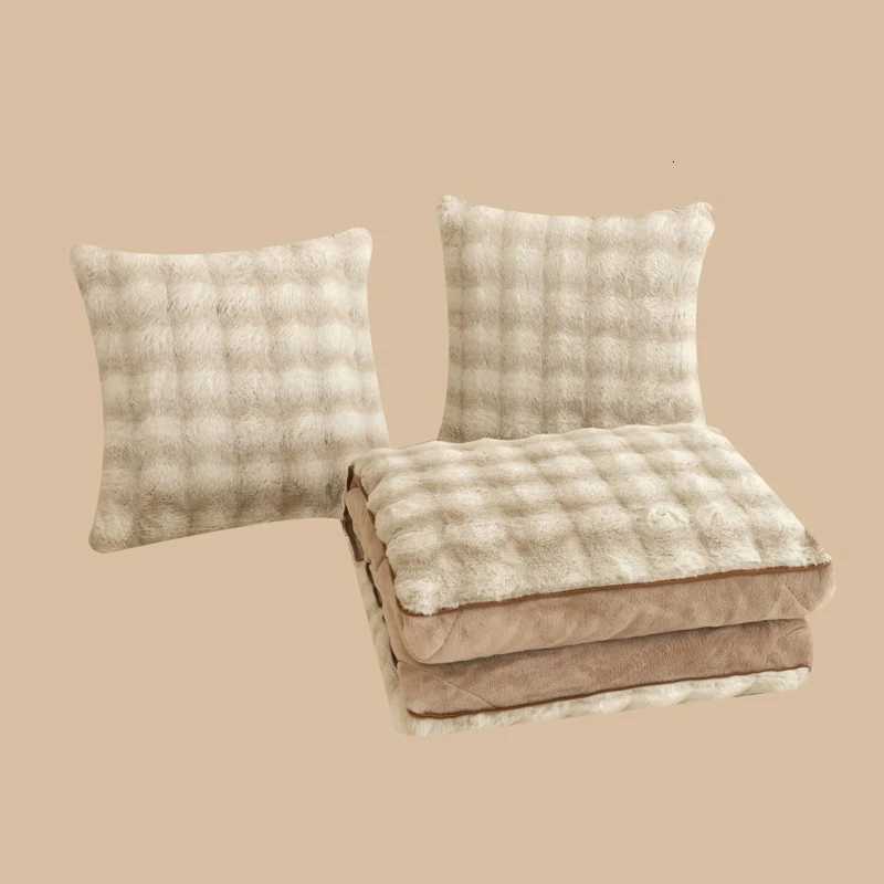 2 in 1 Blanket Thick Faux Rabbit Velvet Cushion Fluffy Sofa Throw Foldable Winter Warm Shaggy Quilt Travel Blanket Y251204