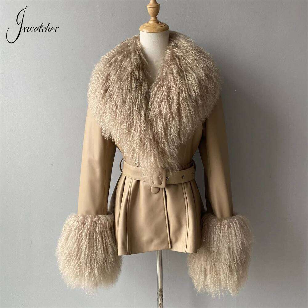 Jxwatcher Genuine Leather Jacket for Women Mongolian Fur Collar Cuffs Ladies Real Sheepskin Coat with Belt Spring Outerwear