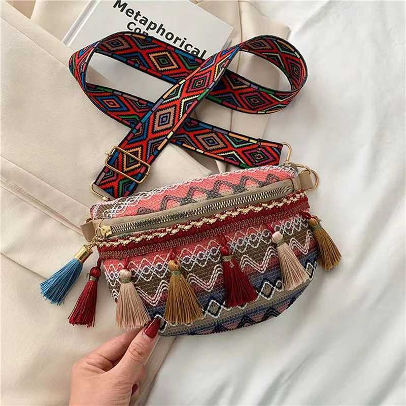 Women Folk Style Waist Bags with Adjustable Strap Variegated Color Fanny Pack with Fringe Decor Crossbody Chest Bags T251204