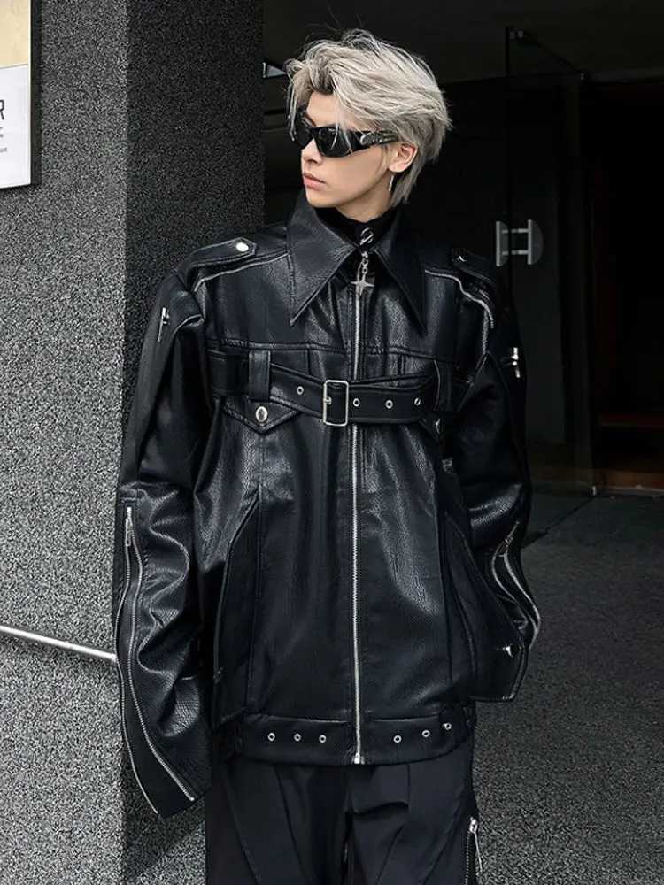 Hip Hop PU Leather Jacket High Street Niche Deconstruction Leather Coat Men Autumn Loose Handsome Casual Motorcycle Suit JacketT251204