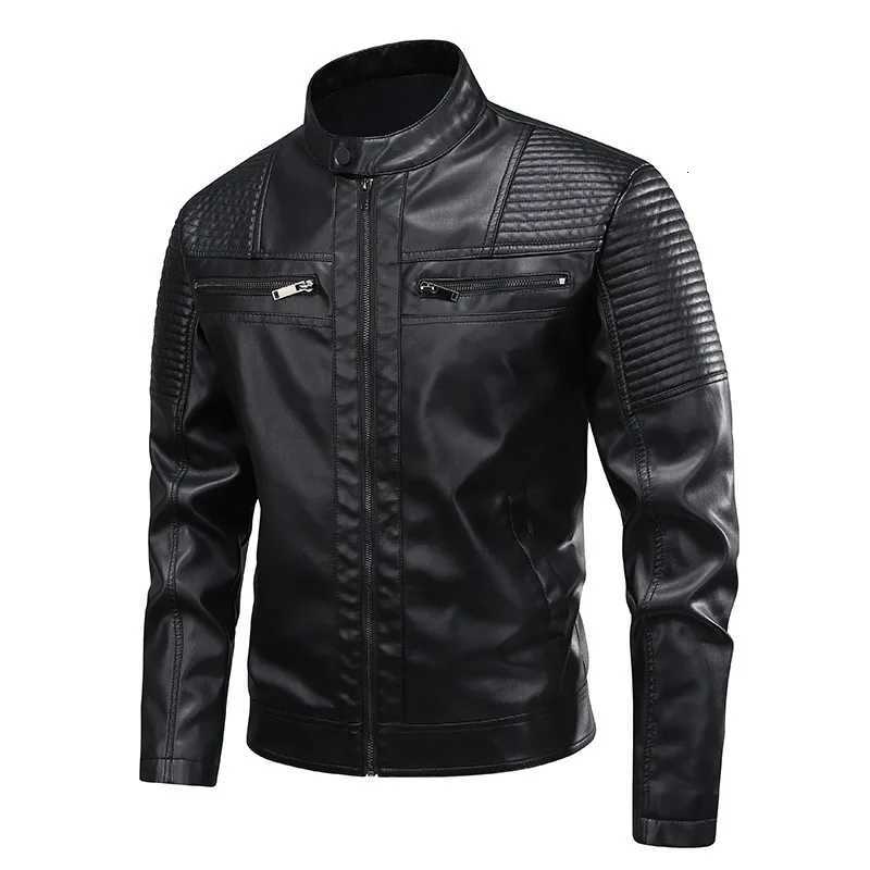 Man Leather Jacket Vintage High Street Solid Color Stand Collar Long Sleeve Male Outerwear Motorcycle Punk Windproof Men CoatT251204