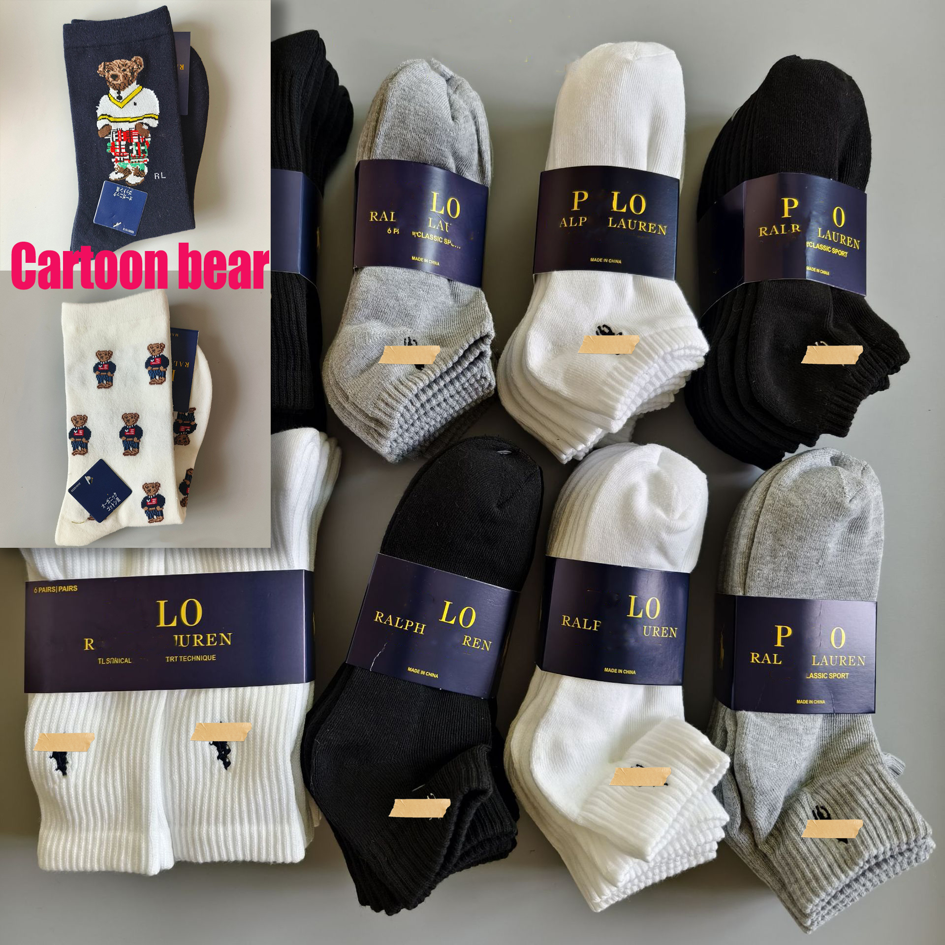 Designer Socks Winter 100% Cotton Mid-Calf and Short Socks Vertical Stripes White Sweat-Absorbent Sports Simple Cartoon Bear Socks Unisex