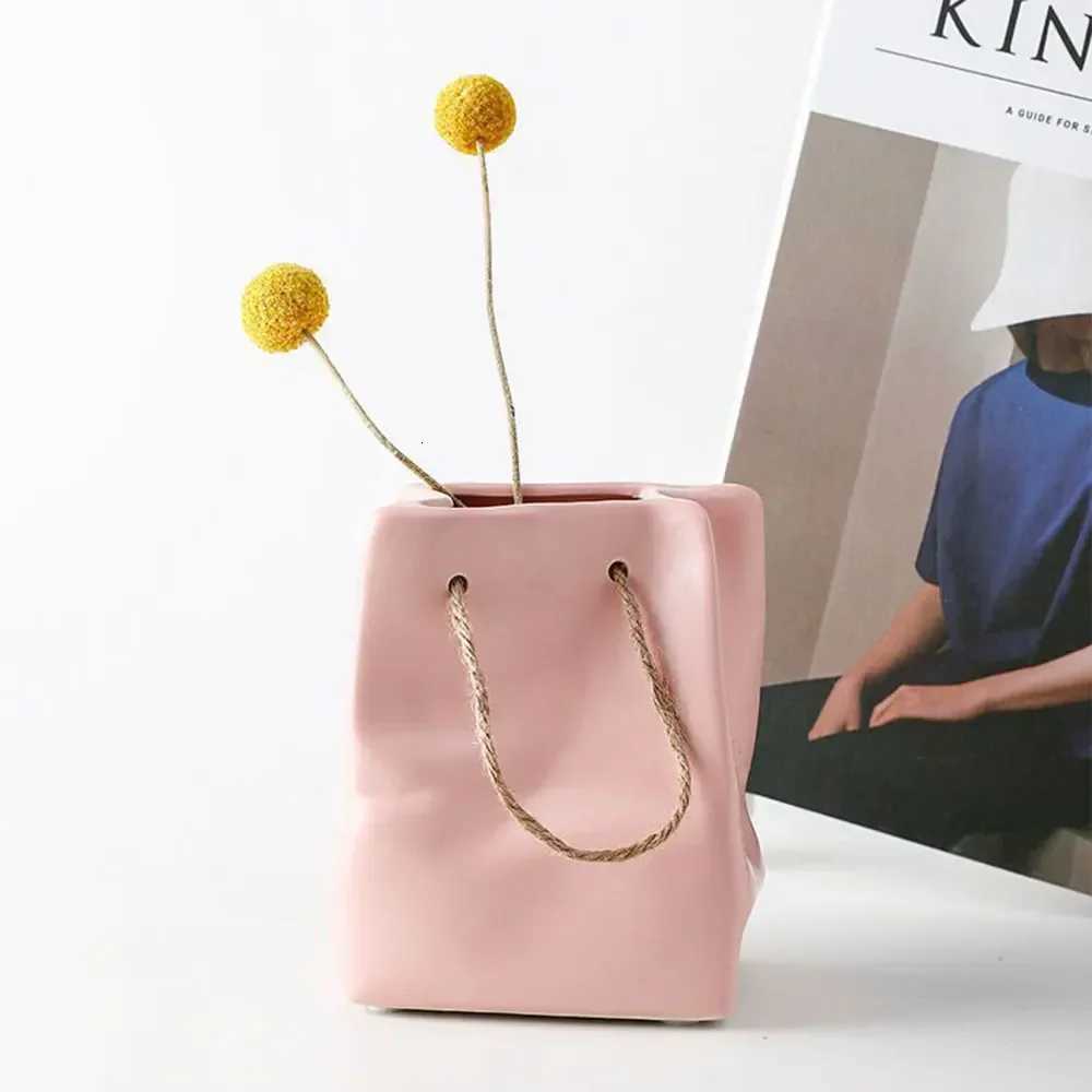 Ceramic Vase Nordic Creative Shopping Bag Design Handbag Dried Flower Arrangement Simple Living Ro Simation Decoration H251204