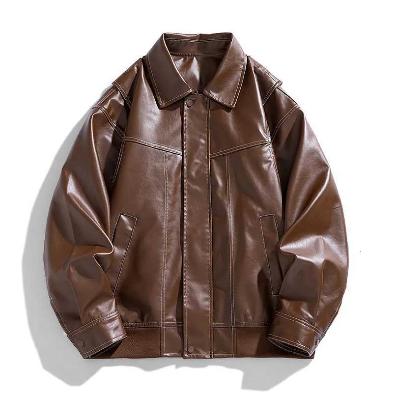 American Retro PU Leather Red Mens Jacket Lapel Collar Casual Loose Fitting Fashion Leather Jackets Couple Street Harajuku CoatT251204