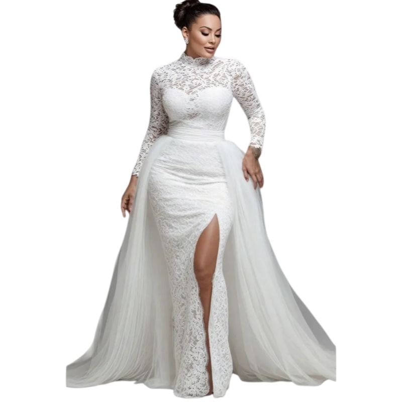 Side Slit Sheath Lace Wedding Dresses With Detachable Skirt 2026 High Collar Long Sleeves Elegant Bridal Gowns Ivory Vestidos De Novia D04 B0312