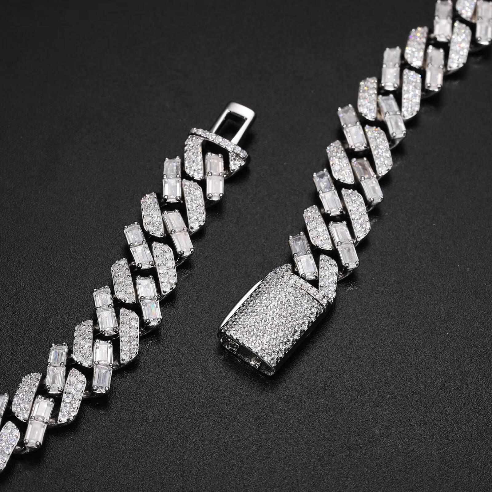 Pass Diamond Tester 12mm 14K 18K 925 Sterling Silver VVS Baguette Moissanite Iced Out Cuban Link Chain Necklace for Men