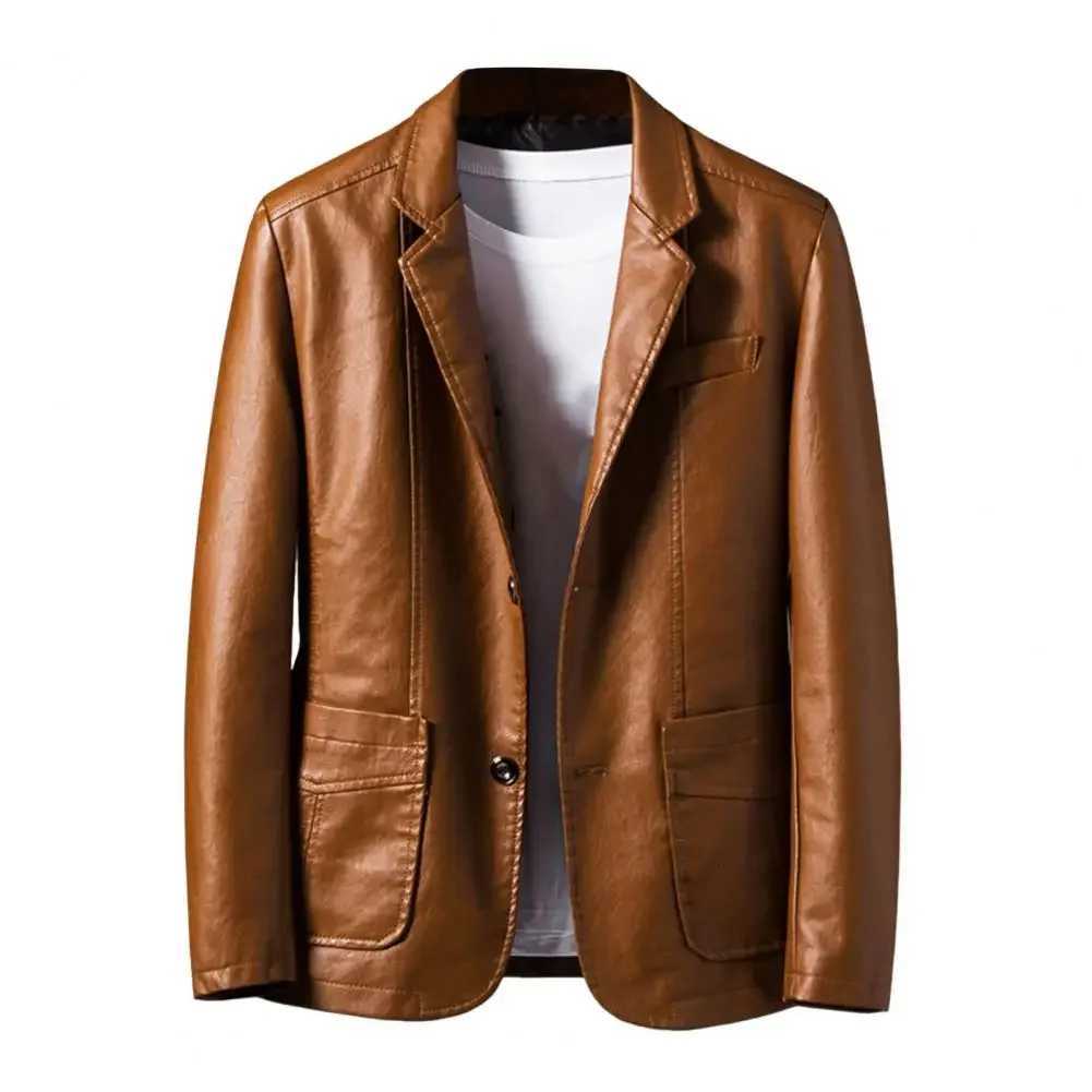 Men Jacket Stylish Mens Lapel Faux Leather Jacket with Pockets Long Sleeve Single Breasted Outwear for A Loose Fit for EverydayT251204