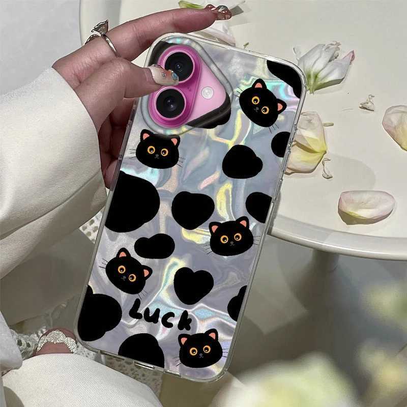 Flower Cute Black Cat Fish Phone Case For iPhone 16 15 14 13 12 Pro Max Plus 11 16E 7 8 SE 2020 2022 X XS XR Soft Cover H251203