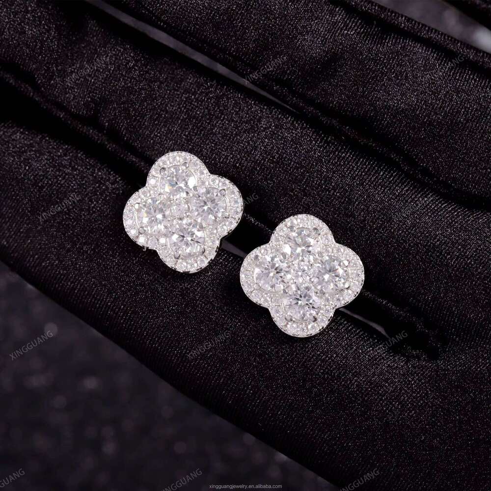 XG Diamond Stud Four-Leaf Style 925 Silver Clover VVS Inlaid Stone for Women and Men Boutique Jewelry Earrings