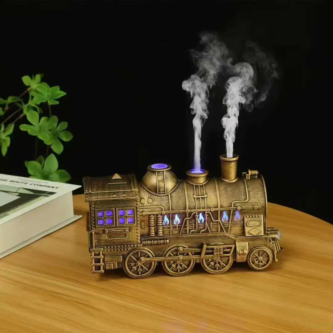 Retro Train Air Humidifier Essential Oil Diffuser Dual Mist Modes with Night Light and Remote Control Cool Mist for He C251204