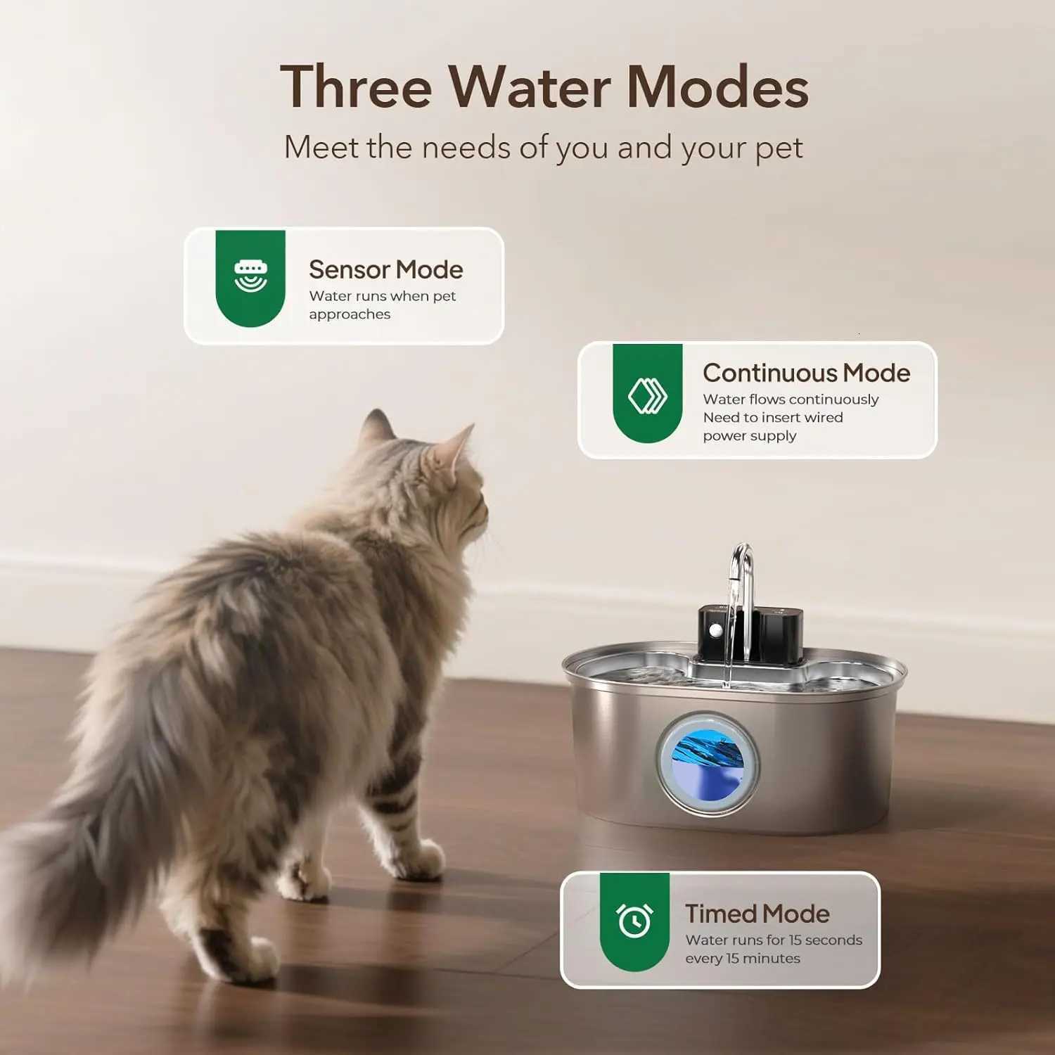 32L Stainless Steel Wireless Pet Water Fountain Battery Powered Motion Sensor Silent Filtered Cat and Dog Water Fountain M251204
