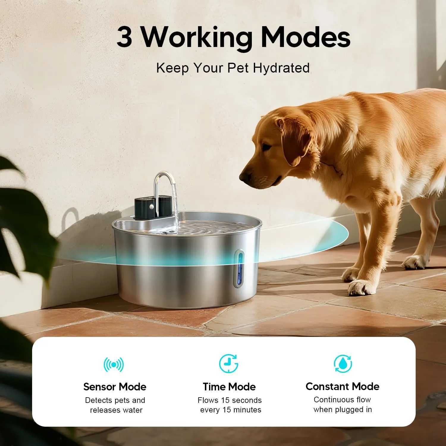 7L Cordless Cat Water Fountain Battery Powered Cordless Stainless Steel Pet Water Fountain Rechargeable Built-in Motion Sensor M251204