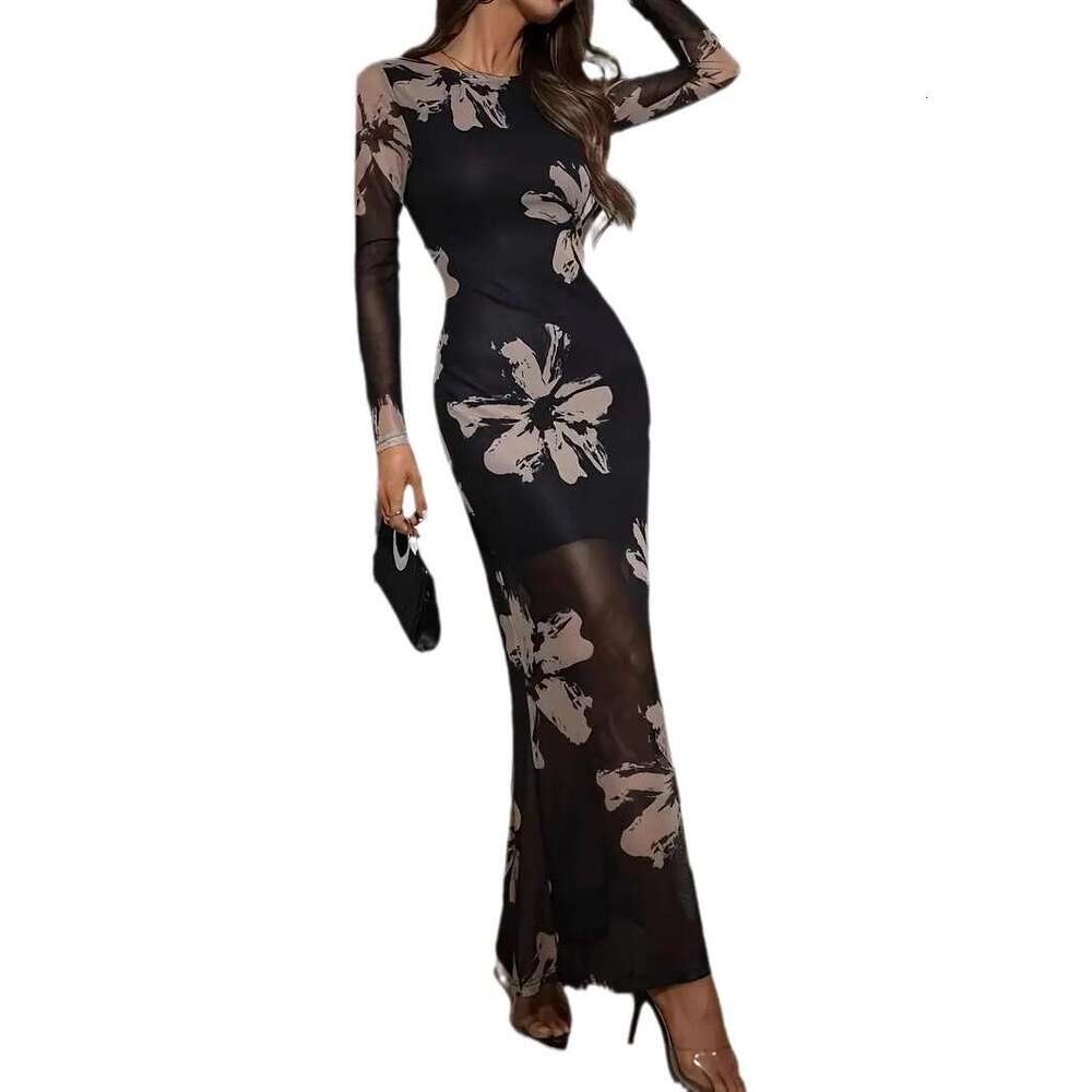 Dress for Women Designer Luxury Spring 2026 Slim Fit Spring Fashion Sand Color Pattern Elegant Floral Print Long Women's Dress