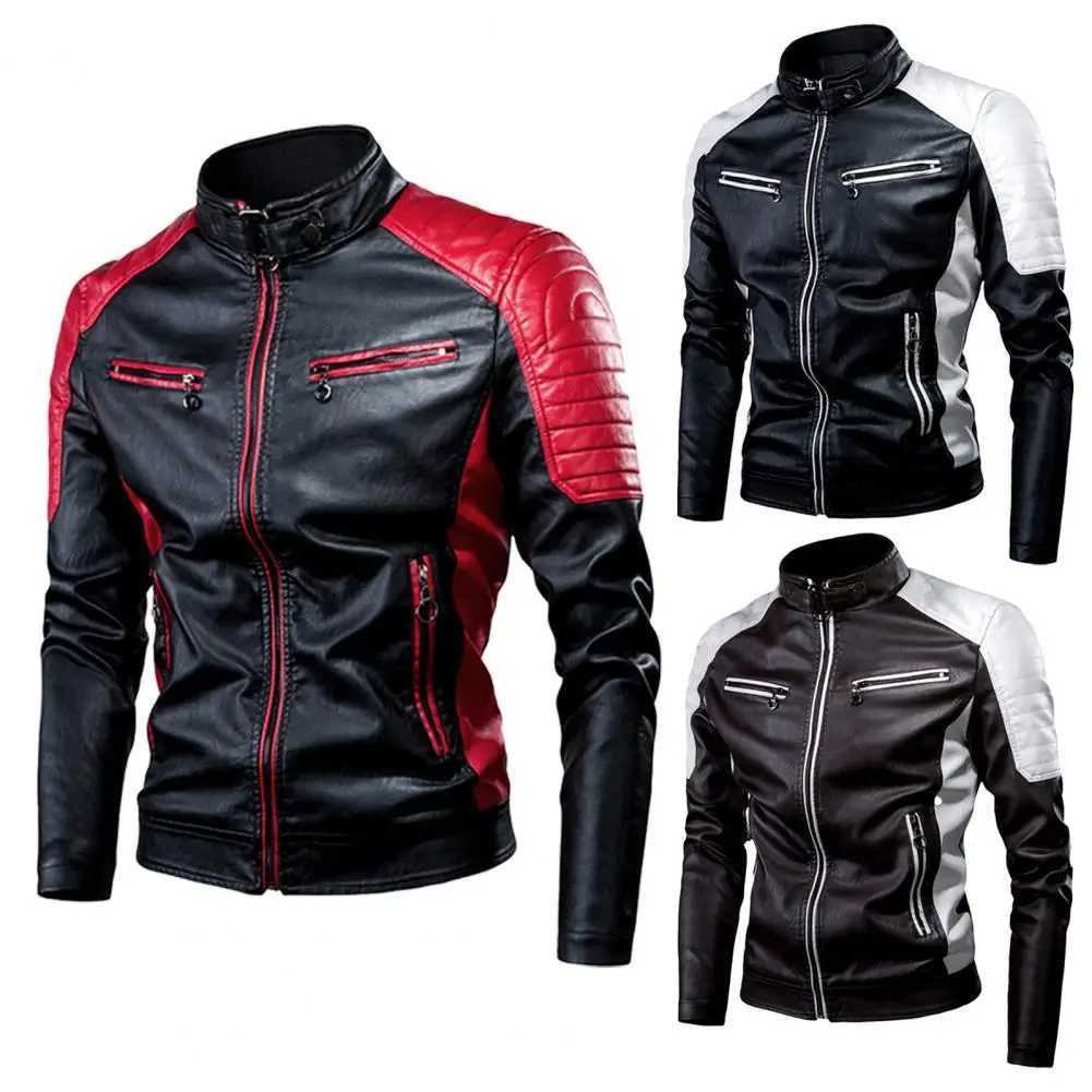 Mens Winter Pu Jacket Motorcycle Waterproof Cool Contrast Colors Classic Biker Leather Jacket Aviator Motor Autumn CoatT251204