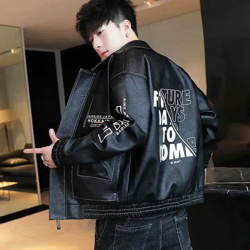 Fashionable Leather Jacket Autumn Winter New Coat Korean Style 2025 Top Trendy Printed Lapel Plus Velvet Motorcycle ClothesT251204