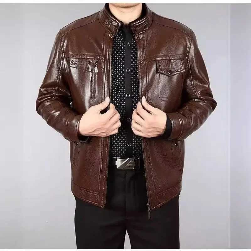 Autumn Winter Men Leather Jacket Fleece Warm Retro Business Casual PU Leather Coat Zipper Long Sleeve Windproof Outerwear NewT251204