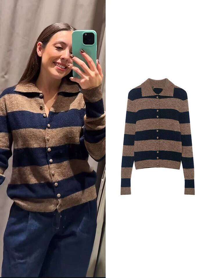 Women's POLO Collar Knit Coat Soft Warm Knitted Cardigan Casual Single Breasted New Striped Chic Simple Female Sweater Tops