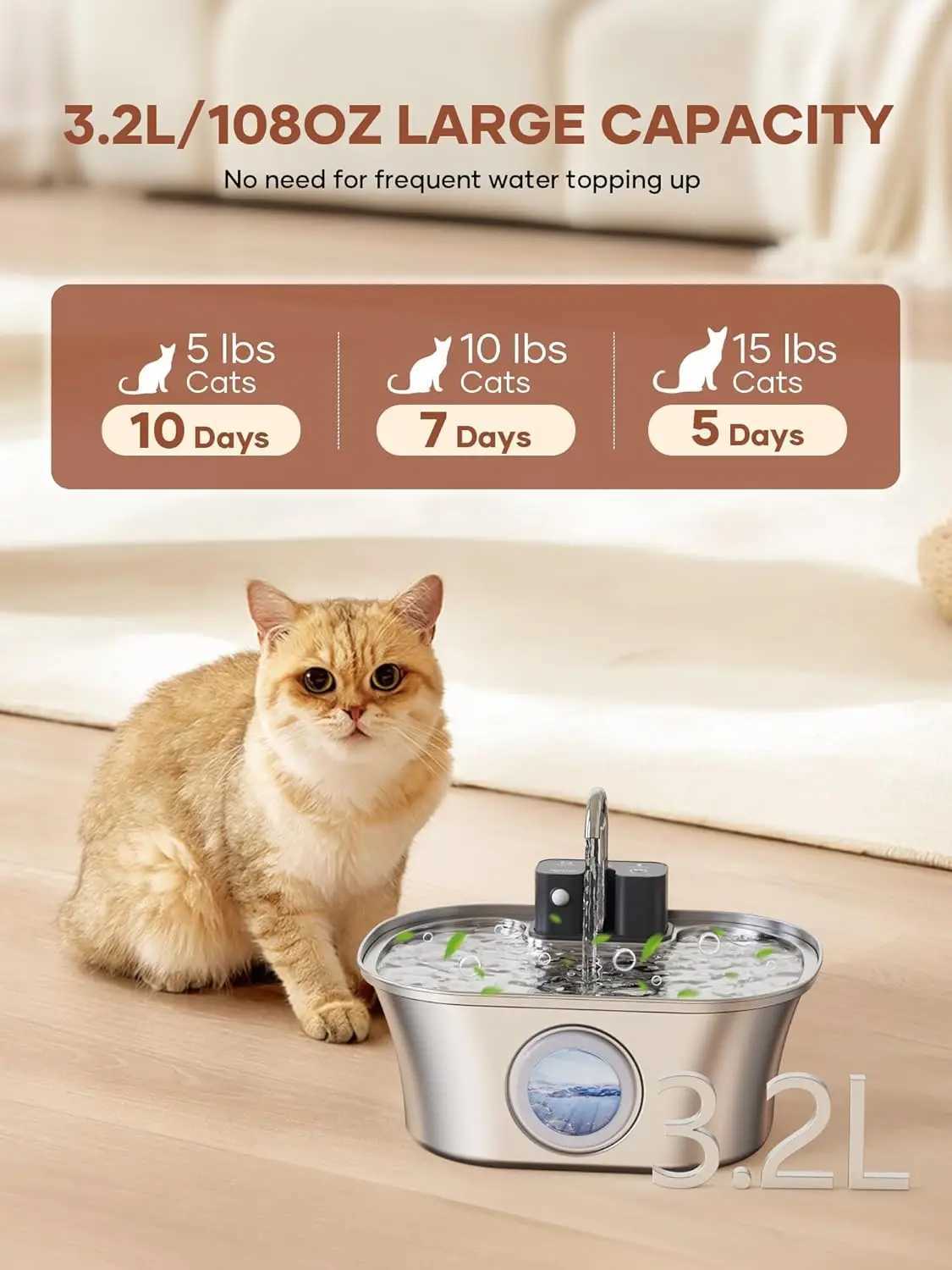 32L/108oz Wireless Charging Sensor Cat Water Feeder Stainless Steel Cat Dog Water Fountain Silent Water Level Window No Plug M251204