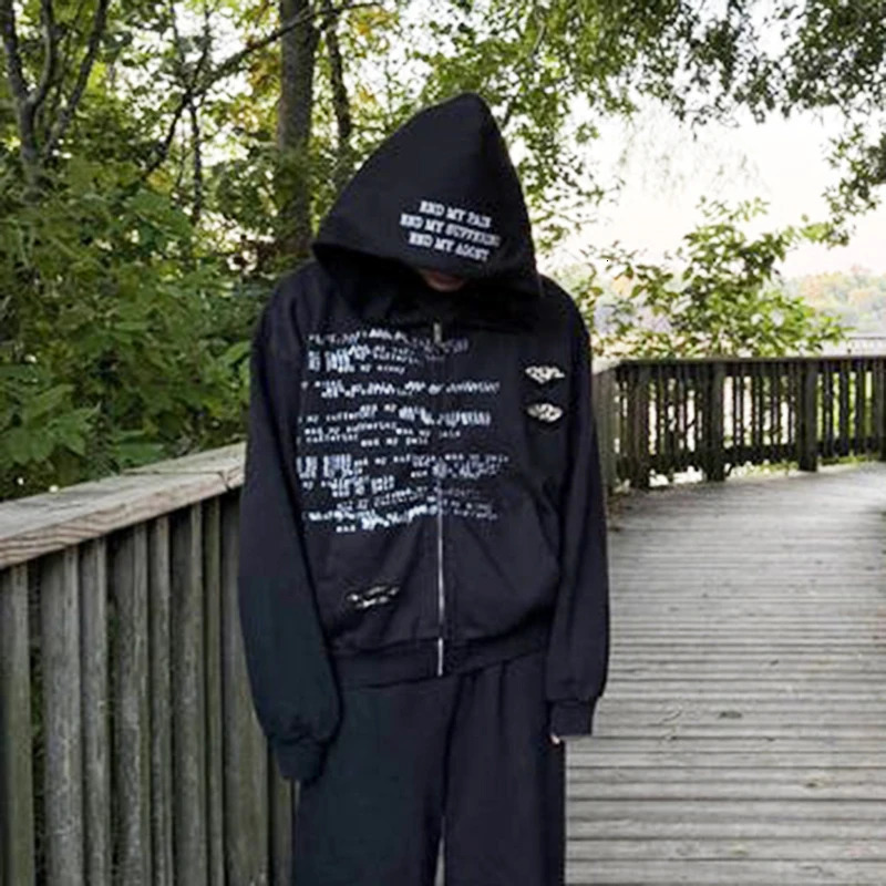 Personalized Letter Printed Ripped Zipper Sweatshirt Long Sleeved Pullover Hoodie Y2K Style Autumn Winter Fashion 251204 - view 5
