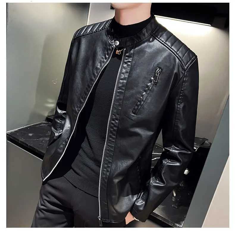Autumn Winter Man Leather Jacket Thin Simple Solid Stand Collar Men Coat Motorcycle Punk Long Sleeve Zipper Outerwear For MaleT251204
