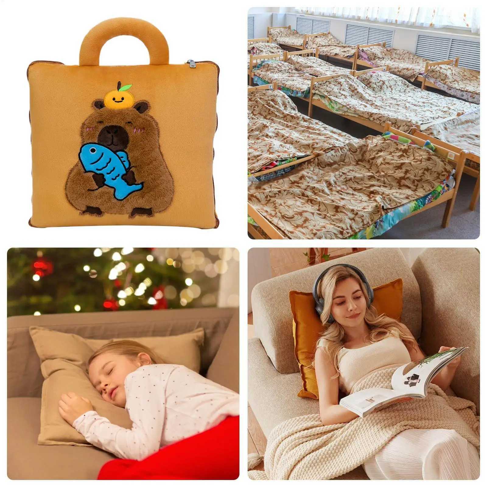 Blanket 2 In 1 Capybara Blanket For Airplane Travel Sleeping Mat Back Cushion Compact For Kids Adults Office Daycare Dorm Y251204