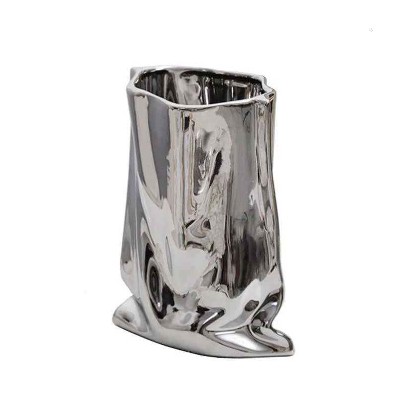 Ceramic Vase Fold Cloth Bag Flowerpot Silver Flower Arranger Floral Accessories Hydroponics He Decoration H251204