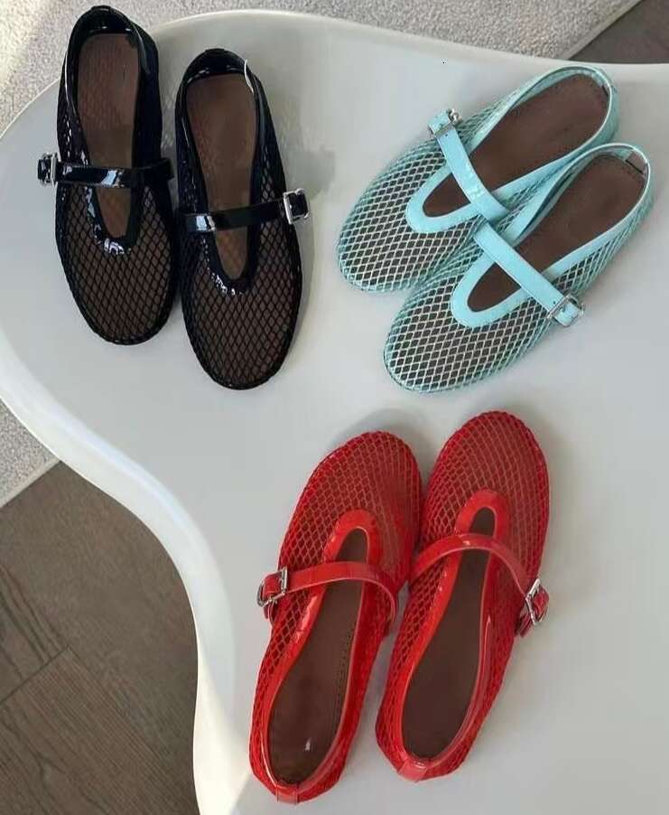 Luxury ALA designer Mary Jane shoe jelly genuine leather Round toe Dance Office lady shoes Mesh Ballet Flats Ballerina Cut-Outs pearl button buckle strap Dress