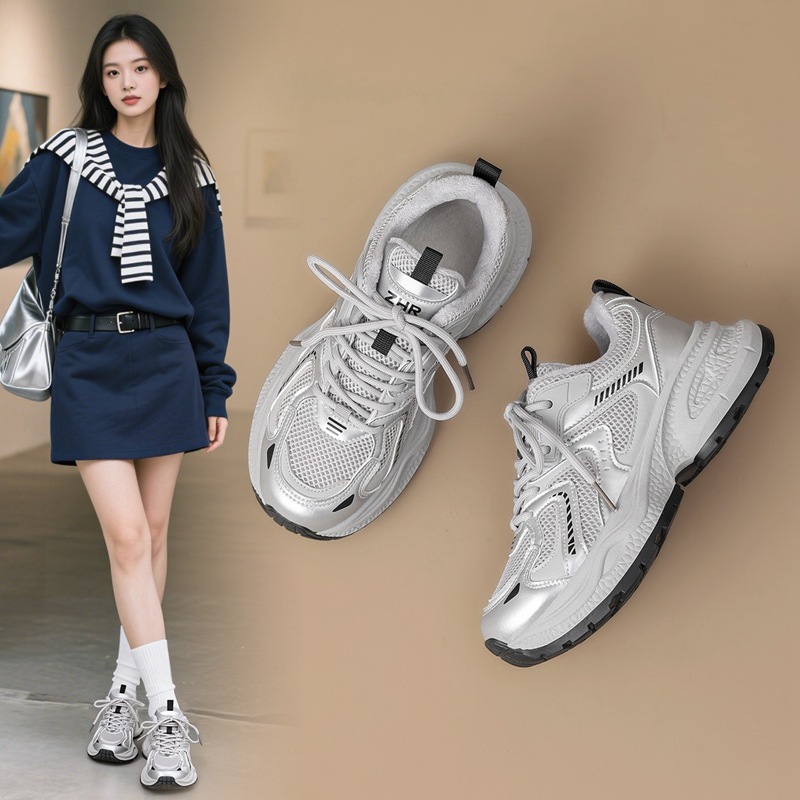 ZHR Thick-Soled Fleece-Lined Dad Shoes for Women 2025 Autumn Winter Versatile Height-Increasing Casual Shoes Warm Lightweight Sneakers
