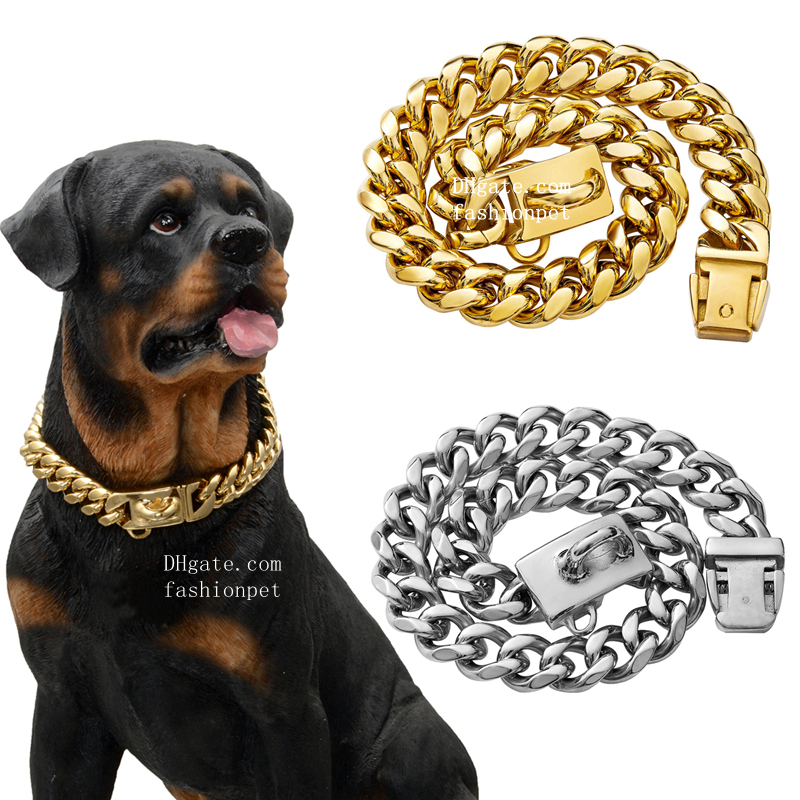 Gold Chain Collars 13mm/15mm/19mm 18K Golds Cuban Link Dog Chains Heavy Duty Pet Collar with Metal Buckle for Small Medium-Large Dogs 16in B152