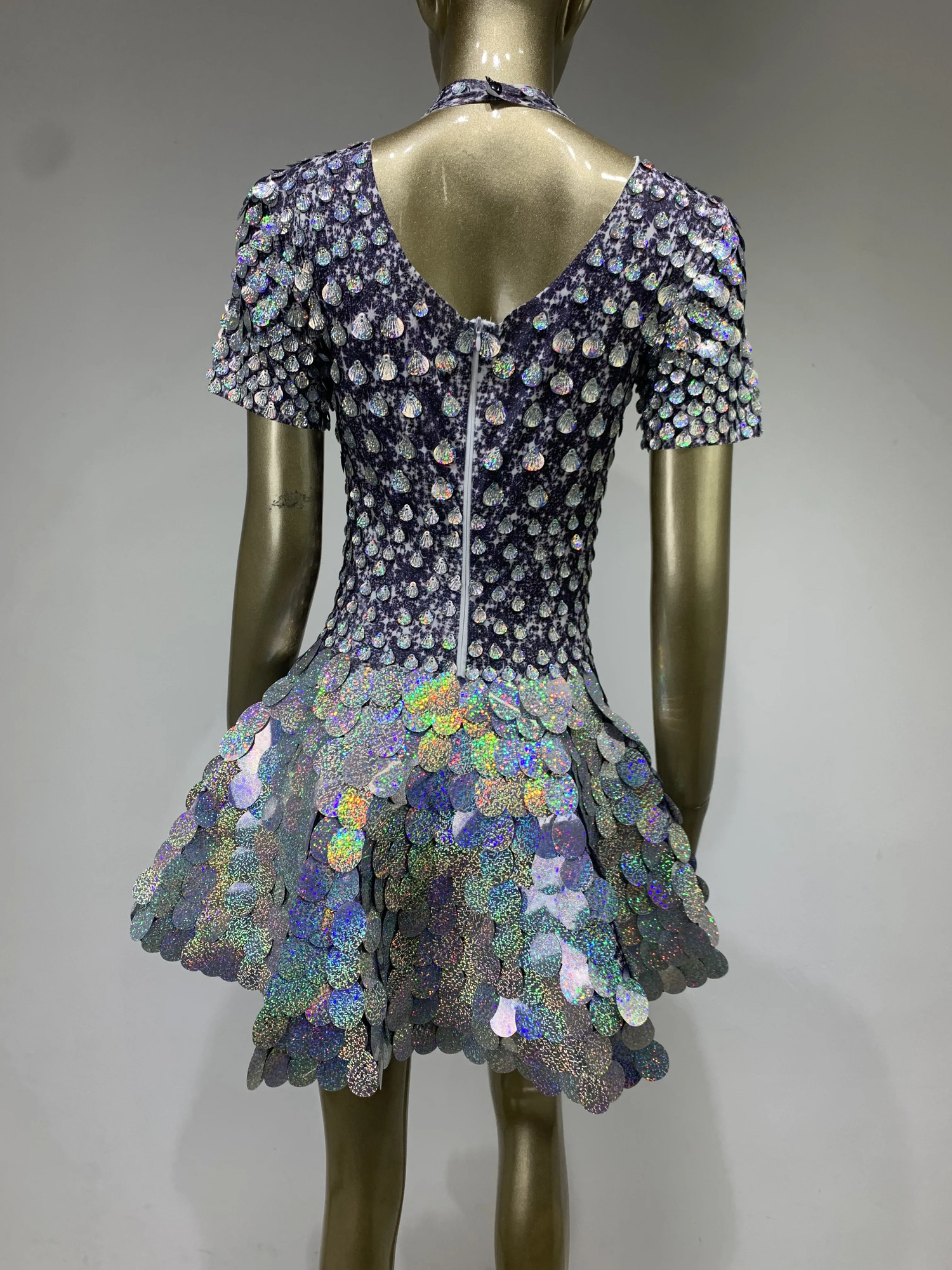 Summer Women Fashion Half High Neck Short Sleeve Shiny Mermaid Sequin Mini Dress Club Dress Nightclub Stage Performance Costume 251203