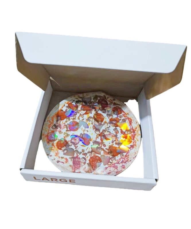 holographic pizza bag matching box 3.5 mylar bag stand up foil pouch die cut shape 1/8oz cali pack smell proof packaging baggies custom print