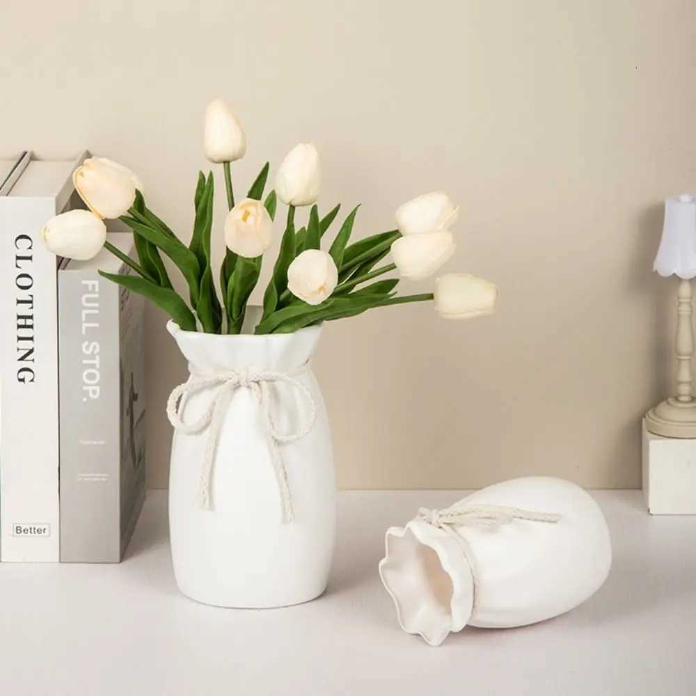 He White Flower Vase Plastic Bow Design Nordic Decorative Vase Desktop Decor Ornament Garden H251204