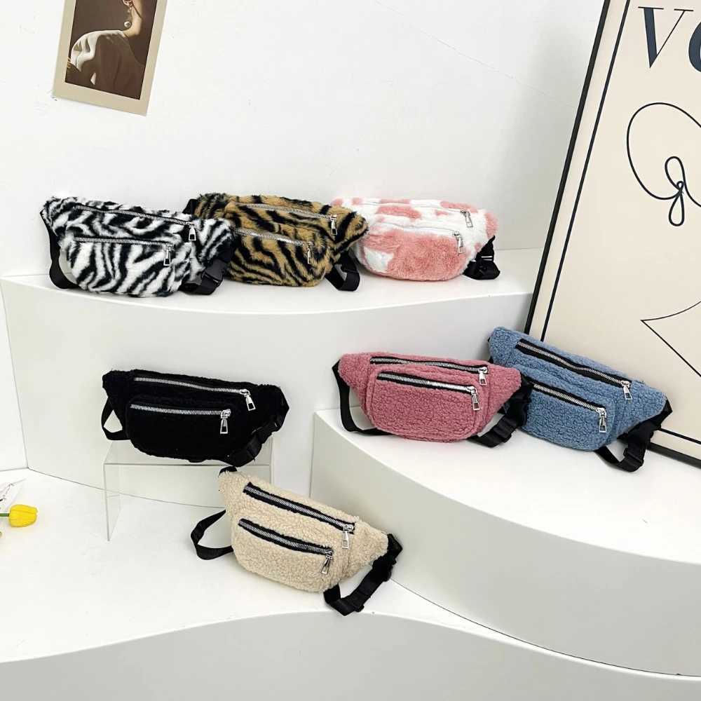 2025 Winter Plush Waist Bags for Women Fashion Leopard Pattern Chest Bag Double Zipper Belt Bags Female Banana Hip PurseT251204