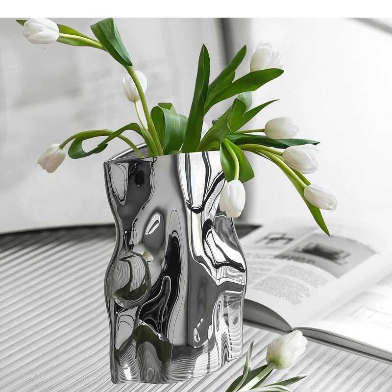 Silver Pleated Ceramic Vase Bag Shape Flower Pots Desk Decoration Artificial Flowers Decorative Floral Arrangement H251204