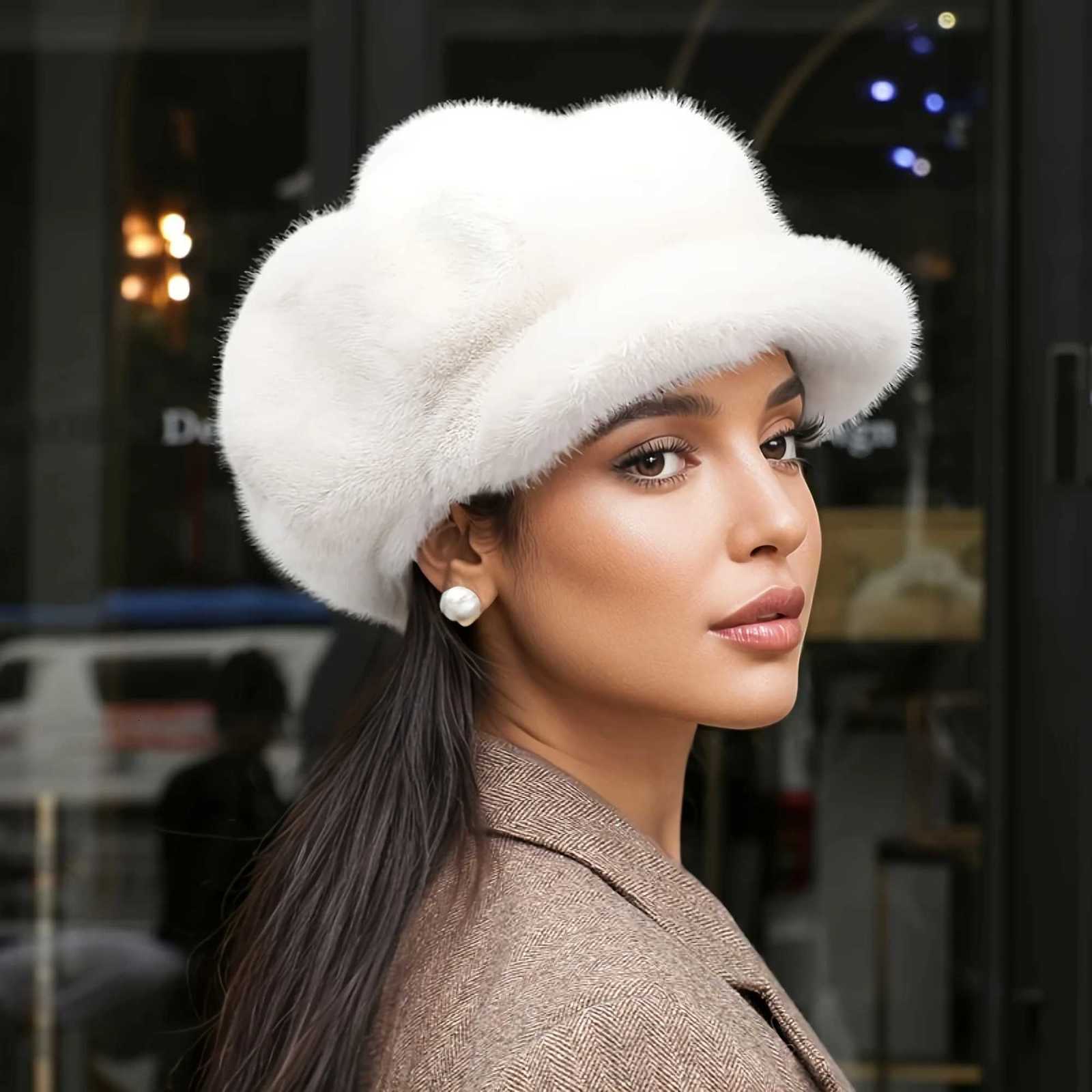 Womens Faux Fur Newsboy Cap Christmas Warm Cable Knit Beret Hat with Visor Fashion Retro Cabbie Hat for Winter Holiday XmasXJ251204 - view 7