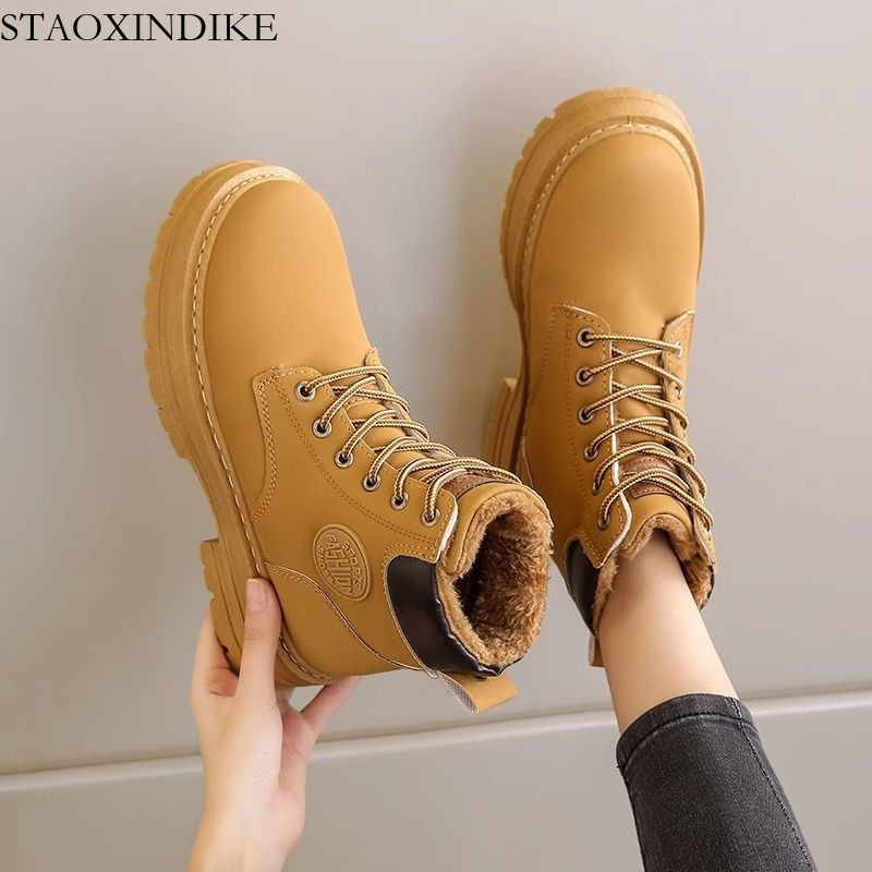 2025 Winter Hot-Selling Women's Martin Boots British Style Women's Shoes Hiking Short Boots with Fleece Yellow Boots