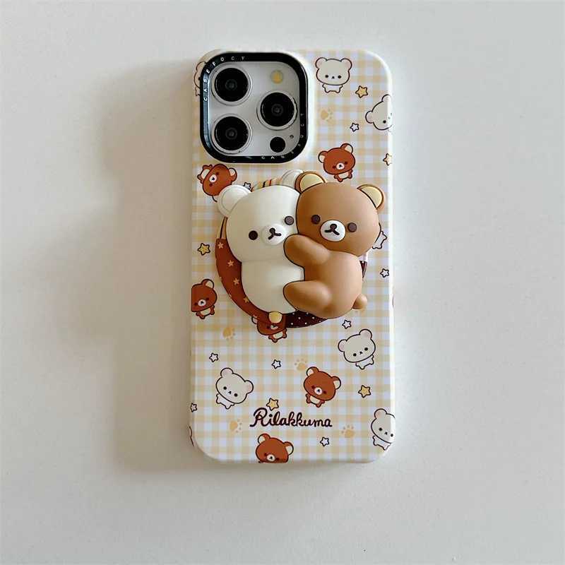 Kawaii Cartoon Bear Strip Plaid Pattern Magnetic Phone Case For iPhone 17 Pro 15 14 16 Pro Max Cover with Holder Cute Cases H251203