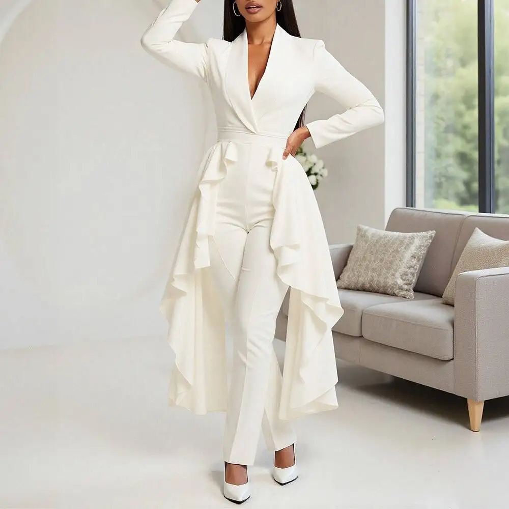 Womens Jumpsuit Elegant Long Sleeve VNeck Ruffled Hem Formal Party Chic Dressy 251204