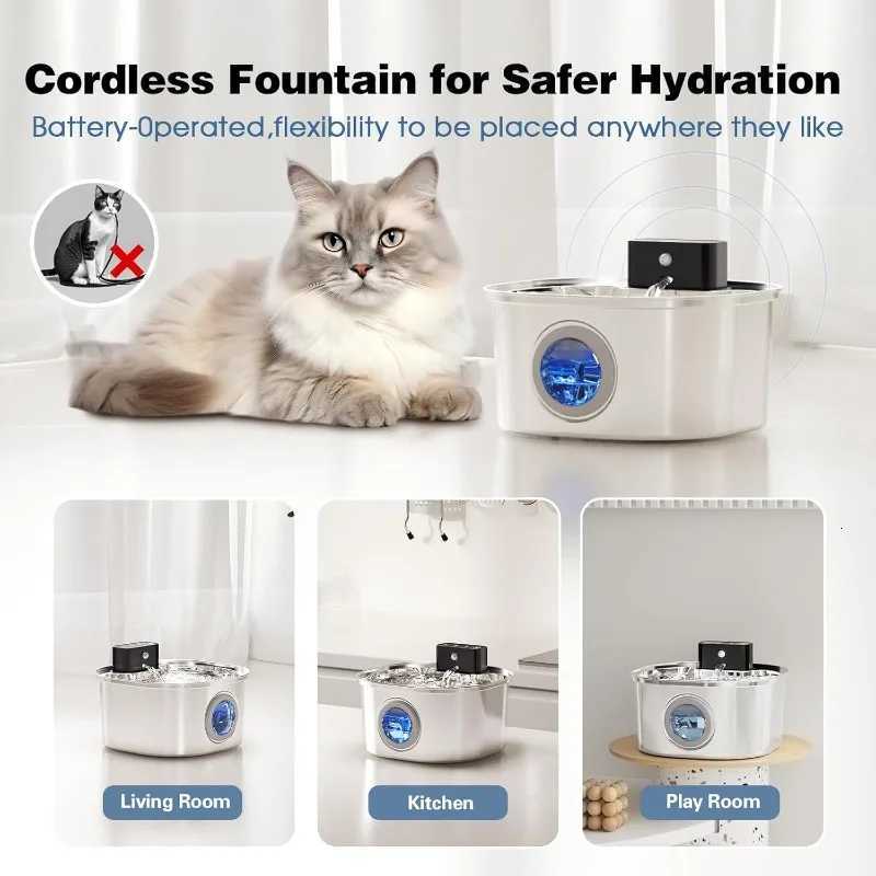 32L Wireless Cat Water Fountain Automatic Sensor Stainless Steel Cat Dog Water Fountain Dispenser Multiple Pet Drinking Bowls M251204
