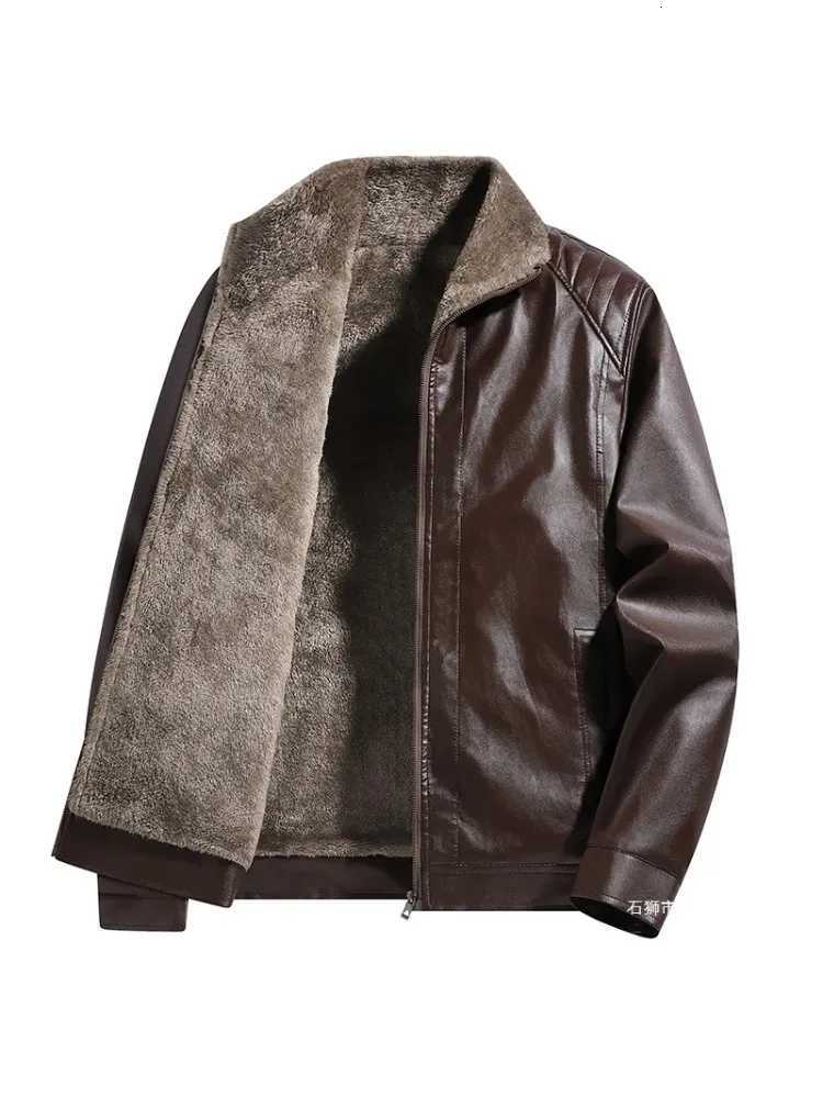 Autumn Winter Men Leather Jacket Business Casual Male Outerwear Vintage Thicken Fleece Turn Down Collar Male Coat Long SleeveT251204